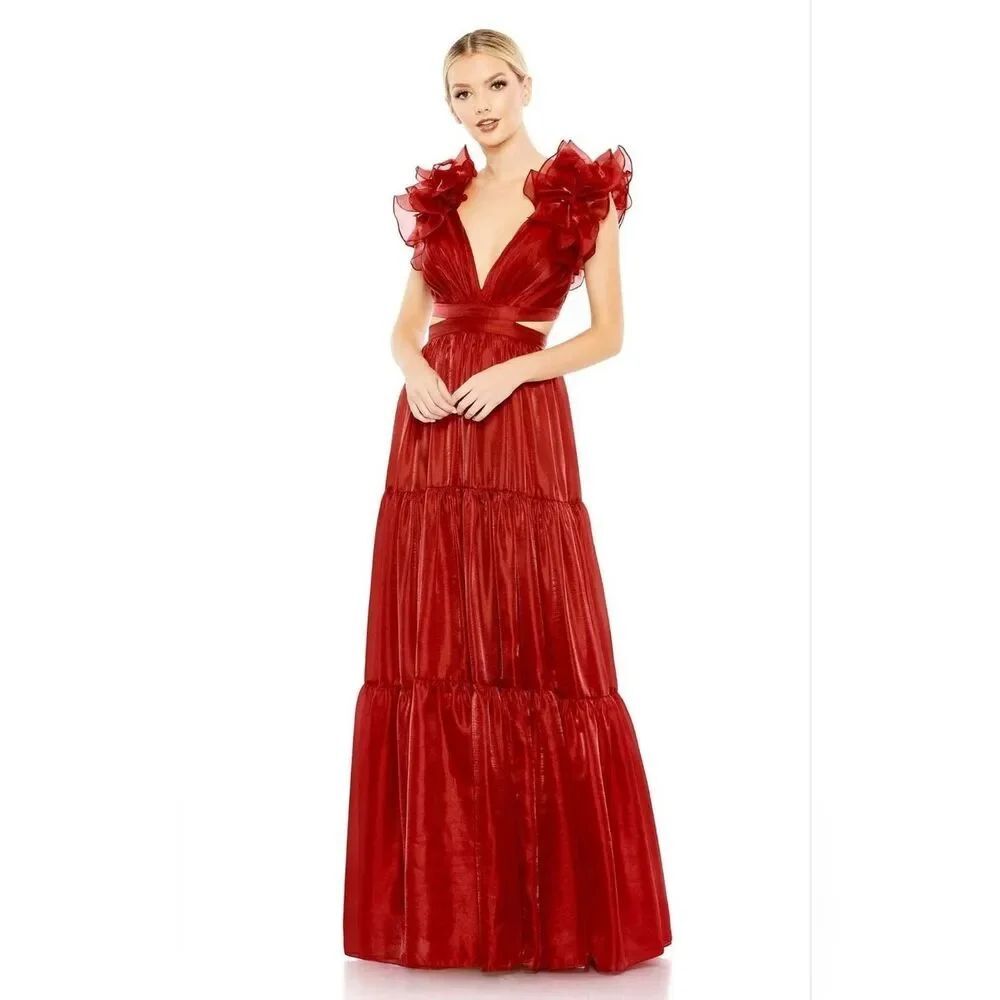 NWT Mac Duggal 49528 Ruffled Shoulder Tiered Evening Dress Wine Size 2
